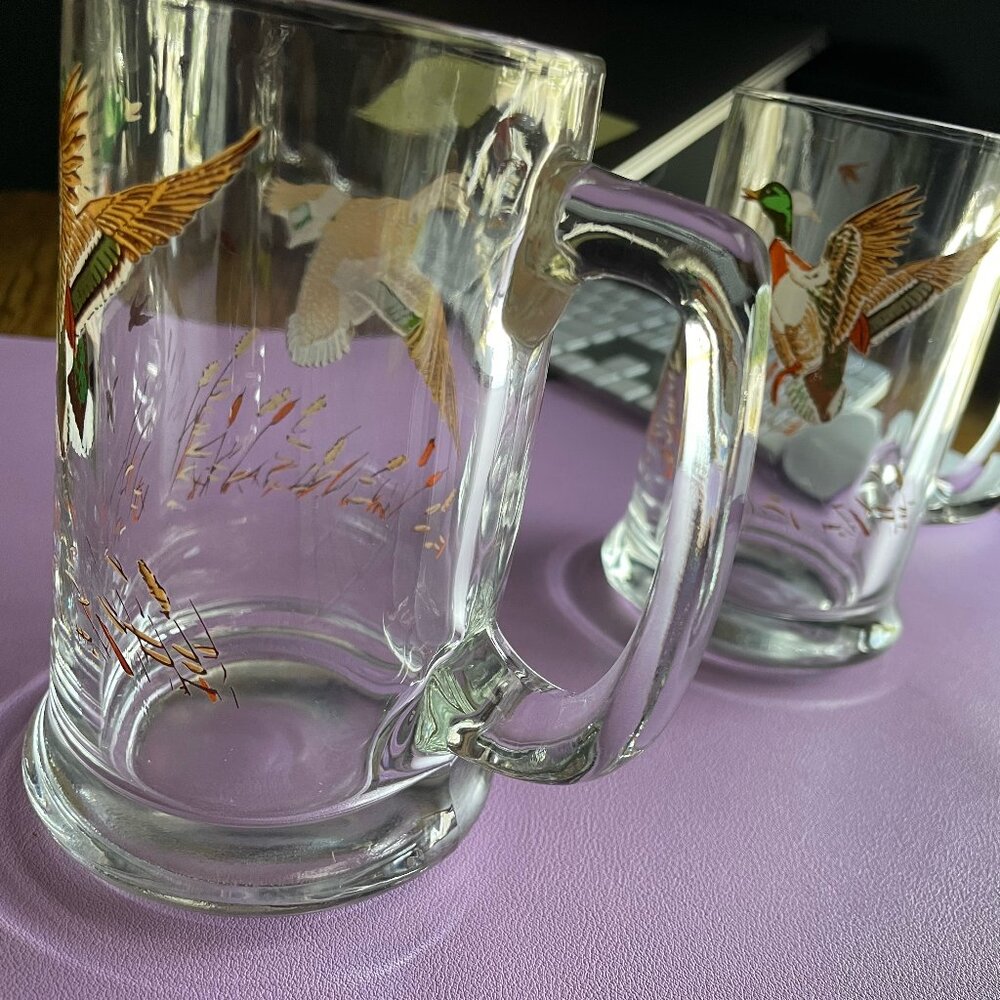 Vintage Libbey Glass Duck Mallard Waterfowl Beer Tankard Mug Stein Set of 2